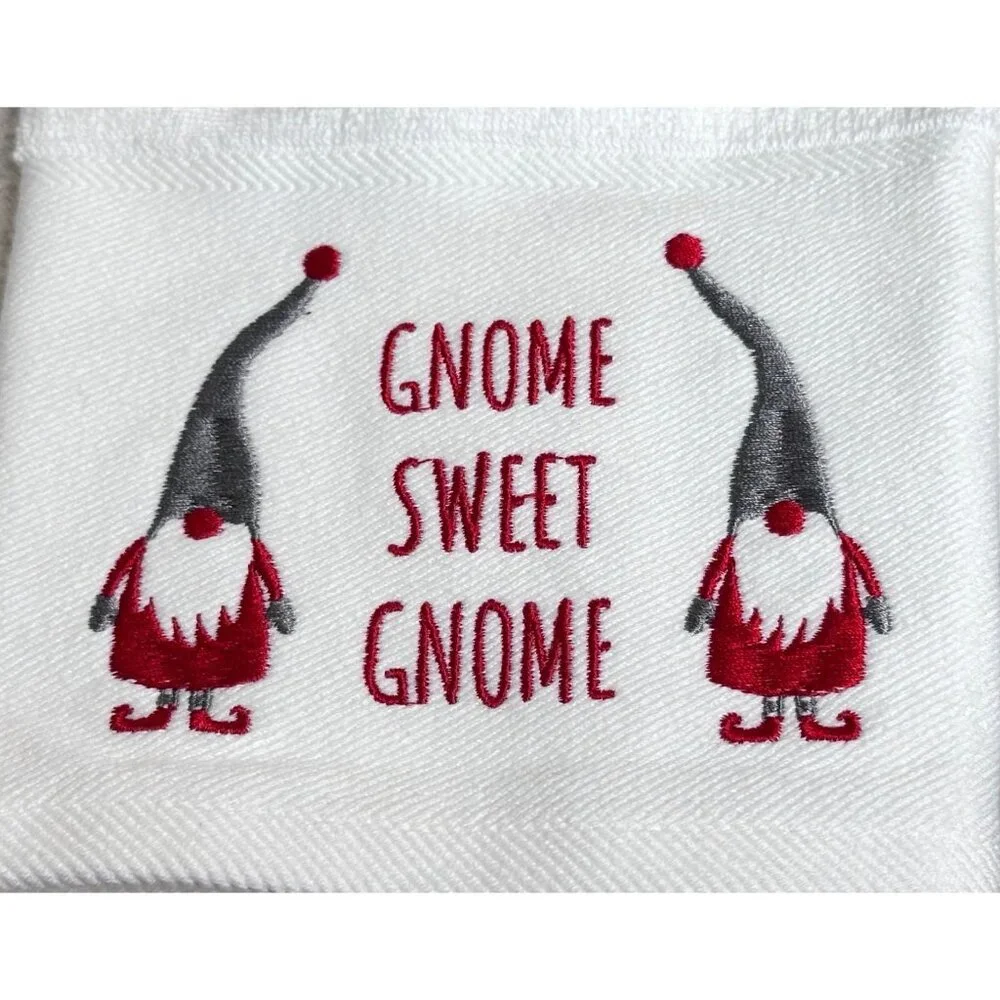 Two Charmont Collection Gnome Sweet Gnome Hand Towels White Red Designs Holiday